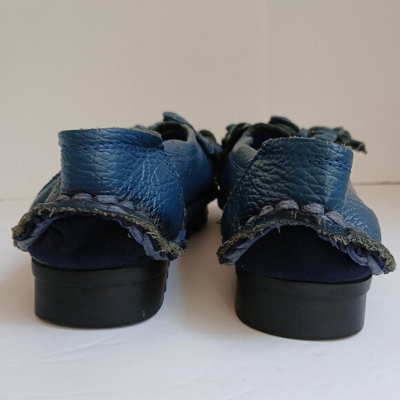Vintage Handcrafted Blue Leather 3D Flower Slip-On Lug Sole Moccasins Sz 7 - Picture 6 of 12